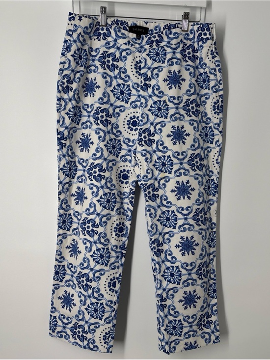 Talbots Pants - Sz 8 Talbots White women’s Pants with Blue Tile Print used w defect: stain